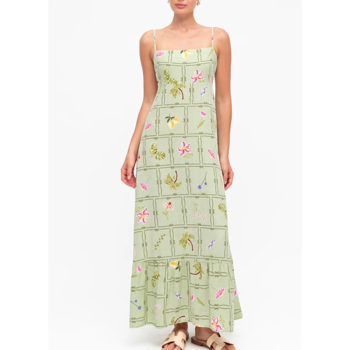 White Closet Iris Pale Green Tropical Floral Fruit Linen Blend Maxi Dress Medium