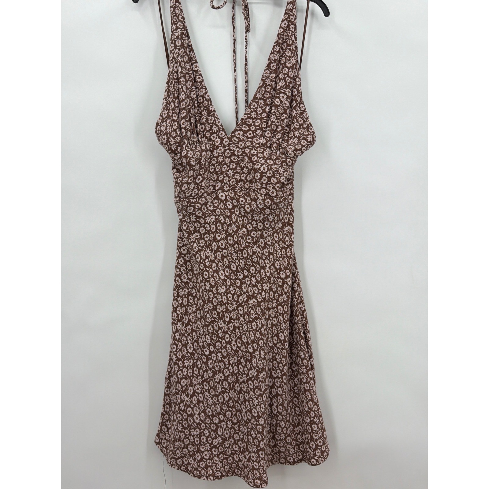 Cotton Candy LA Brown Floral Halter Mini Dress V-Neck Smocked Back Small