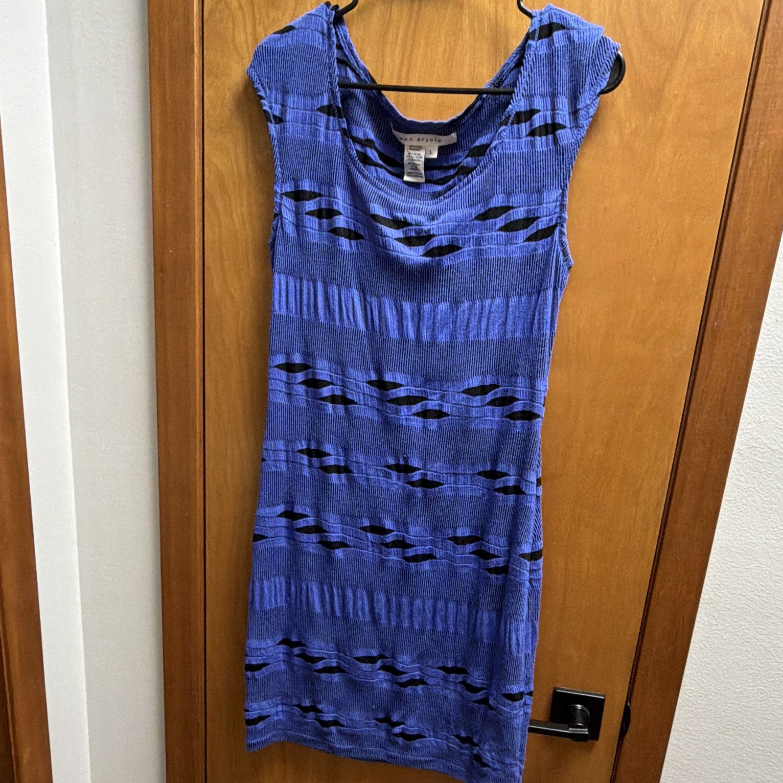 Max Studio Women’s Blue/Black Abstract Sheath Dress Scoop Neck Sleeveless Size L