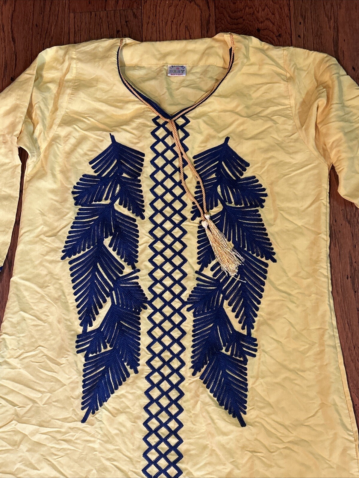BRSY Yellow Long Cotton Caftan Dress Made In Egypt Small Long Sleeve