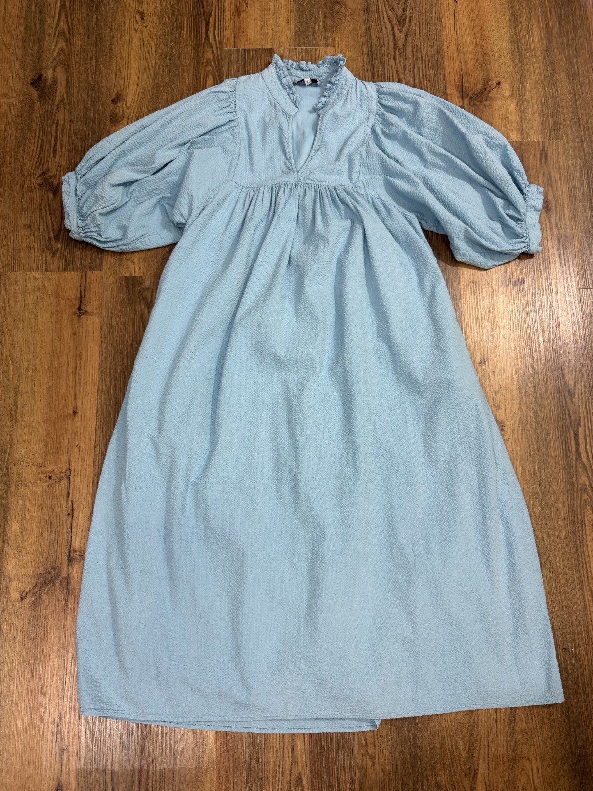 Never A Wallflower High Neck Midi Dress Seersucker Blue XL $354