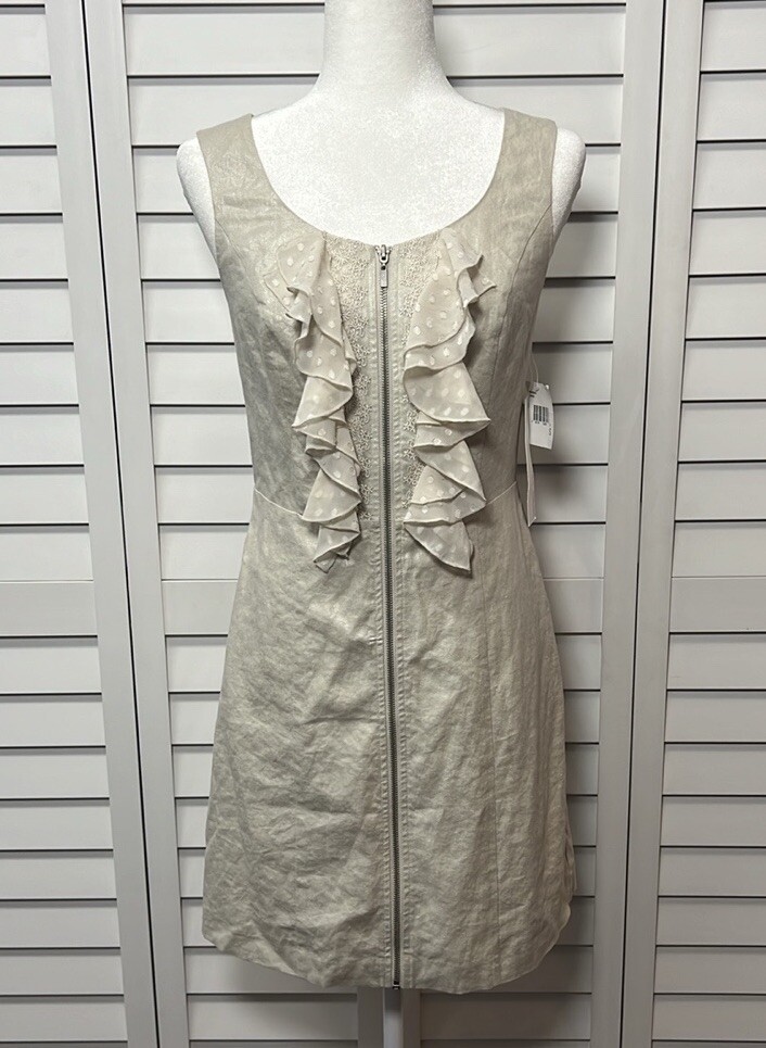 Kensie Polka Dot Linen Blend Ruffle Embroidered Sheath Dress Size Small NWT