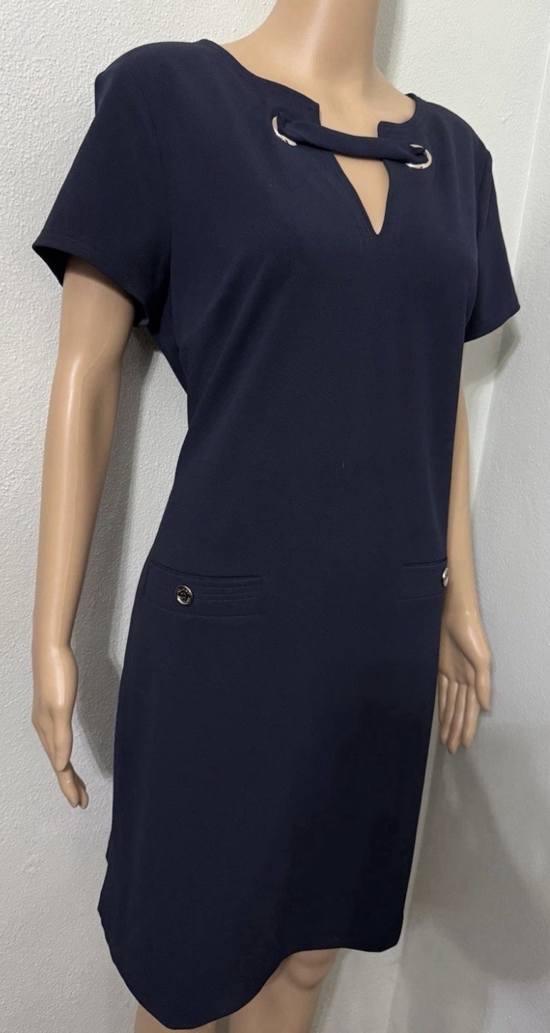 Tommy Hilfiger Navy Sheath Dress Women’s Size 16 Gold Logo Button Pockets
