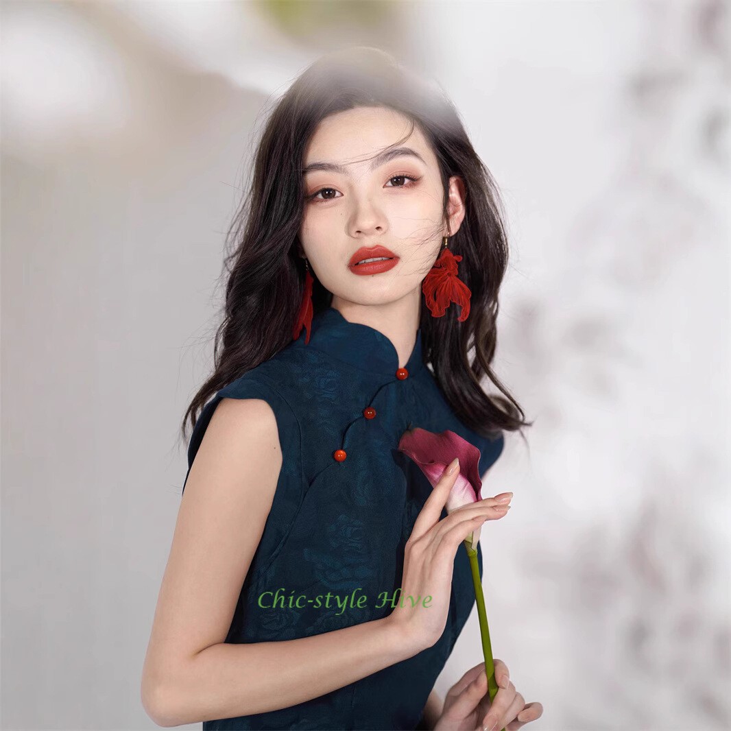 Summer Blue Jacquard Cheongsam Retro Long Style Young Slim Fit Qipao Dress