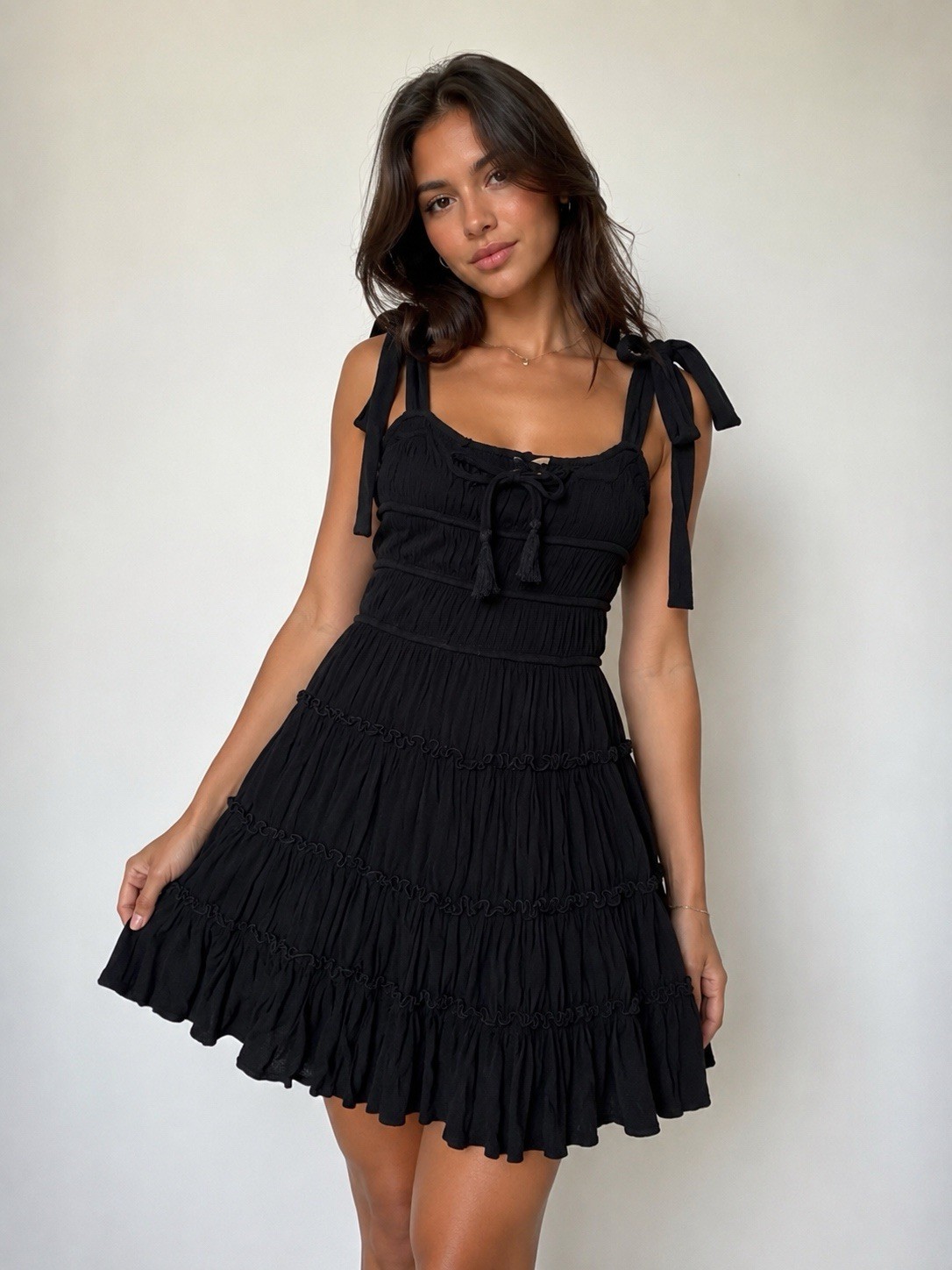 Chelsea & Violet Black Babydoll Tiered Ruffles Smocked Bodice Tie shoulder Strap