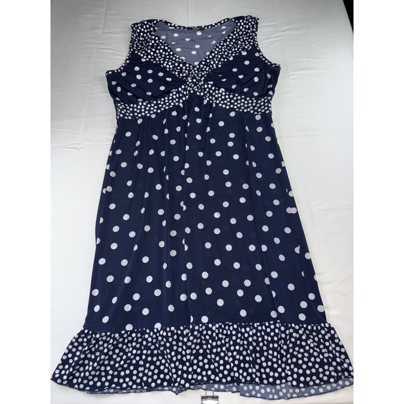 MSK Womens Navy Blue White Polka Dot Empire Waist Ruffle Hem Dress Sleeveless