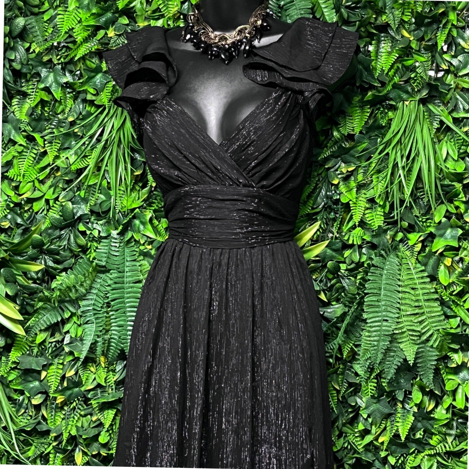 Francesca’s Melliny Dress Small Black Metallic Ruffle Midi Coccktail 4088 NWT