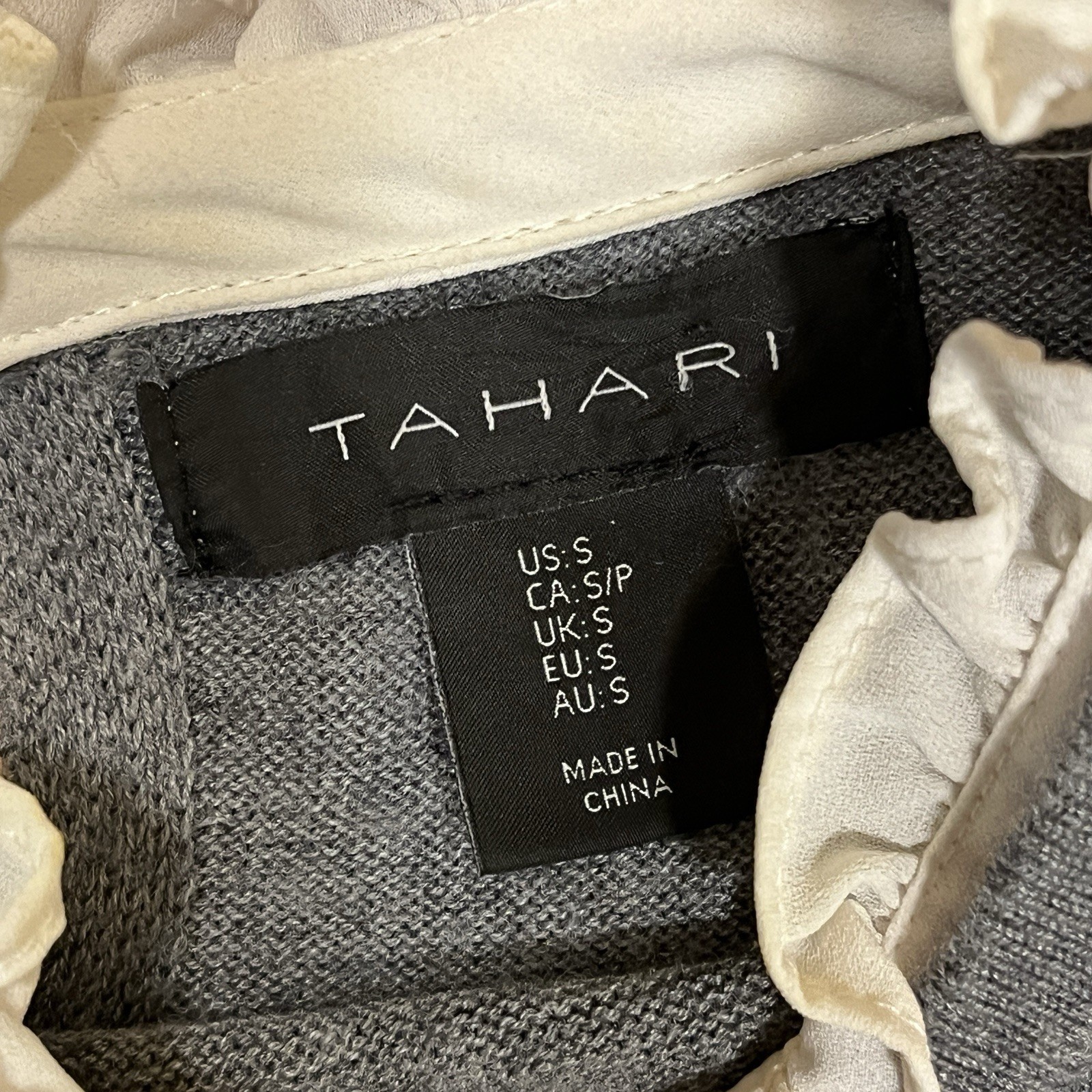 Tahari Gray Merino Wool Blend Ruffle Trim Knit Dress S Academia Minimalist