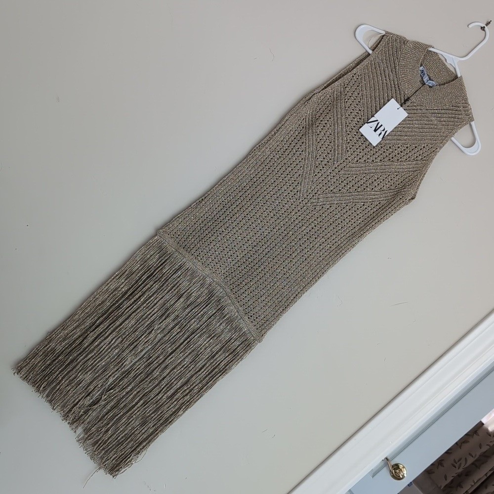 Zara METALLIC THREAD FRINGED LONG KNIT TOP Dress S M L XL GOLDEN NWT 2653/004