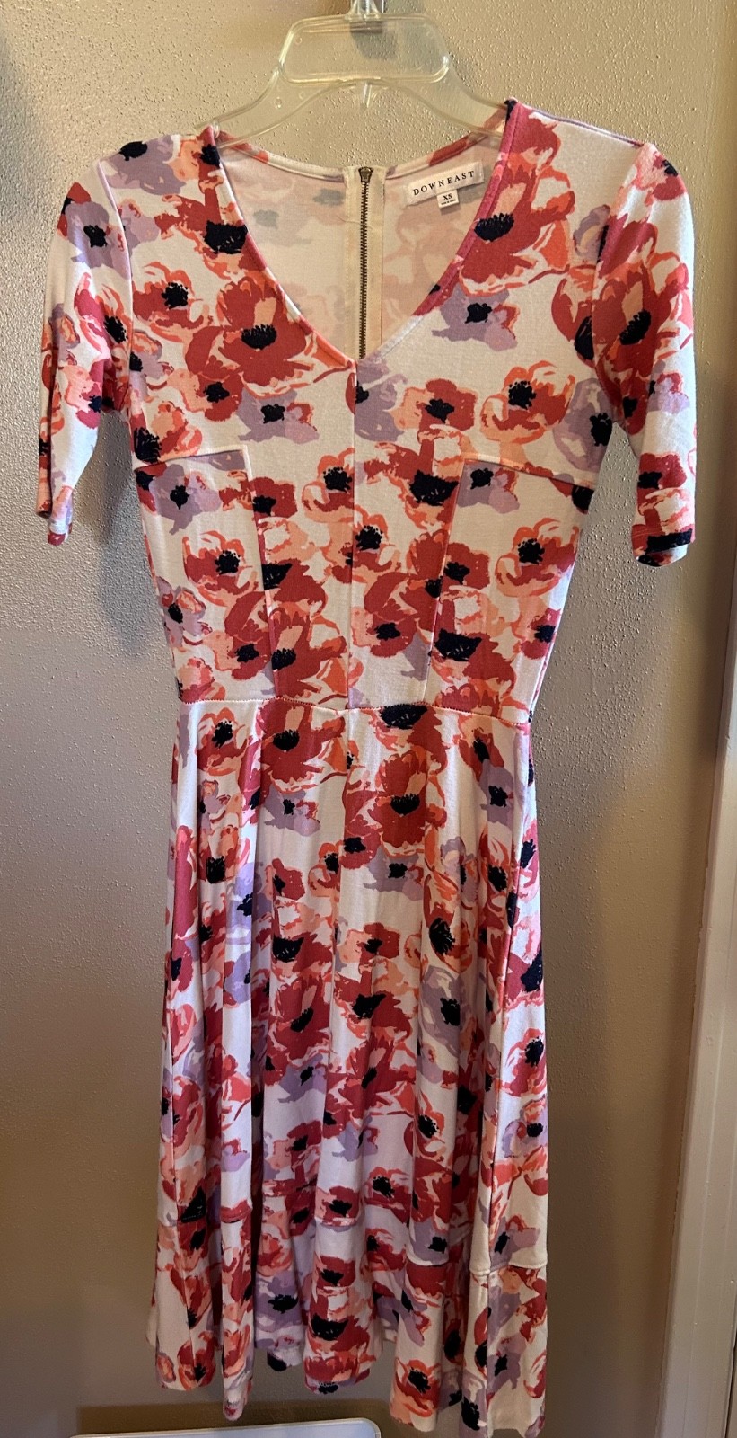 Downeast Basics XS Floral V-Neck Short Sleeve Zip Fit & Flare Dress