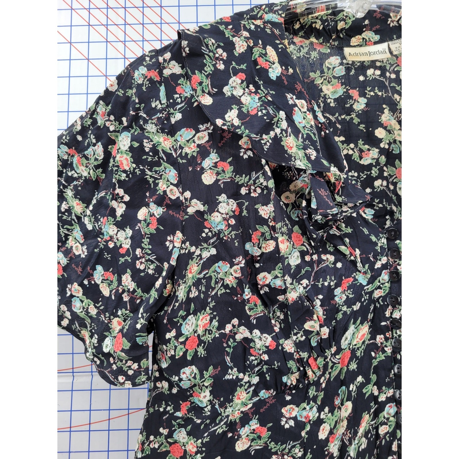Adrian Jordan Vintage Black Floral Midi Dress Empire Waist Button Front Plus