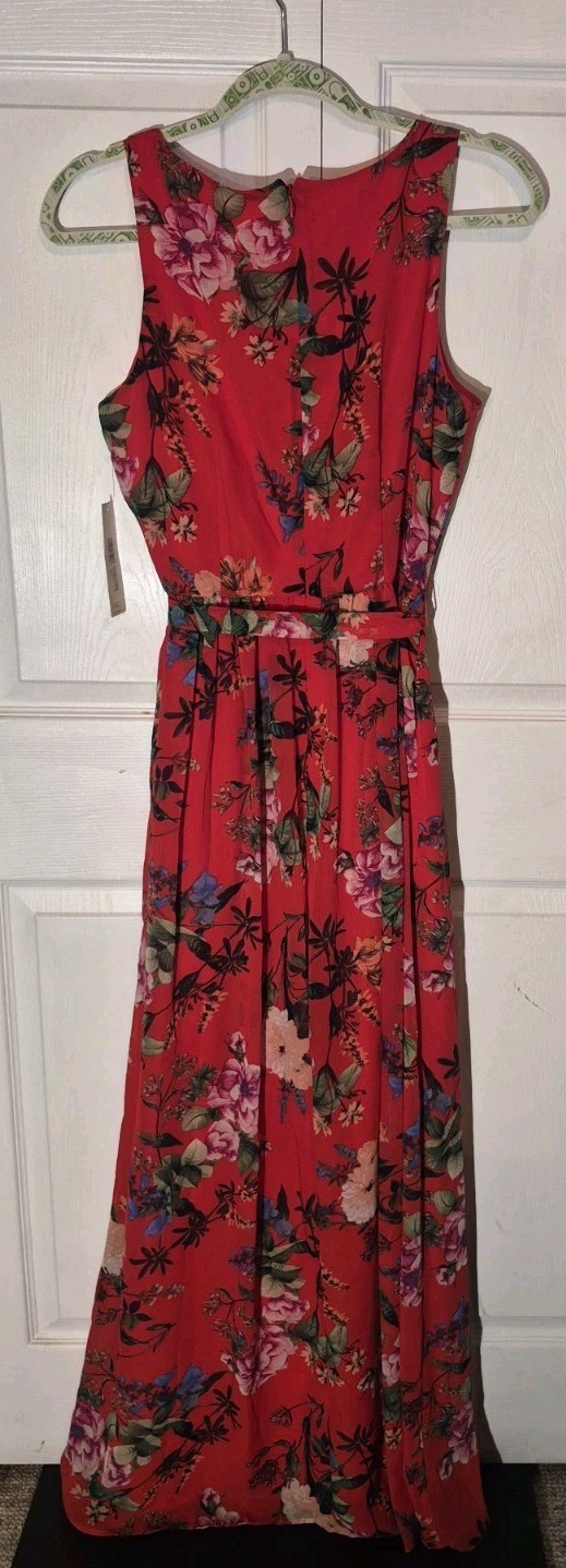 Romantic Red Botanical Floral Maxi Dress Chiffon Summer Wedding Guest Sz 8 NWT