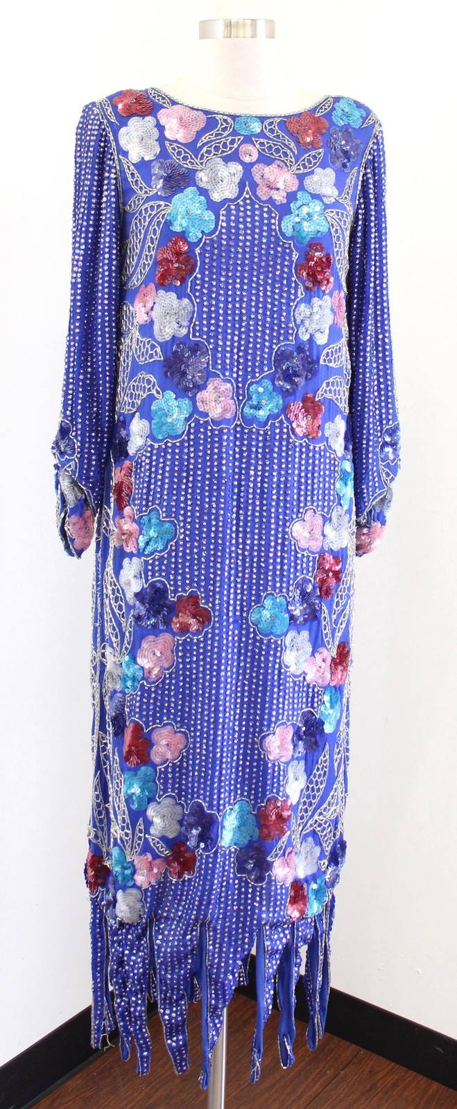 Vtg 70s Simonia Dress Womens Small Blue Silk Beaded Sequin Flapper Fringe Hem