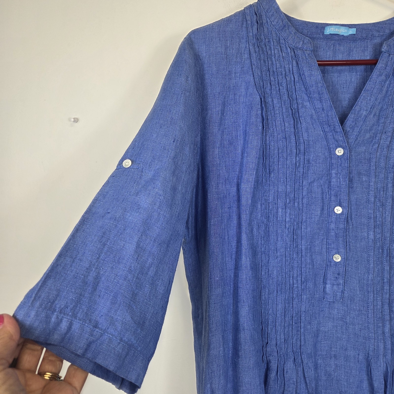 J. MCLAUGHLIN Solid Riviera Linen Dress Blue Sz XL Pintuck Roll-Tab Breathable