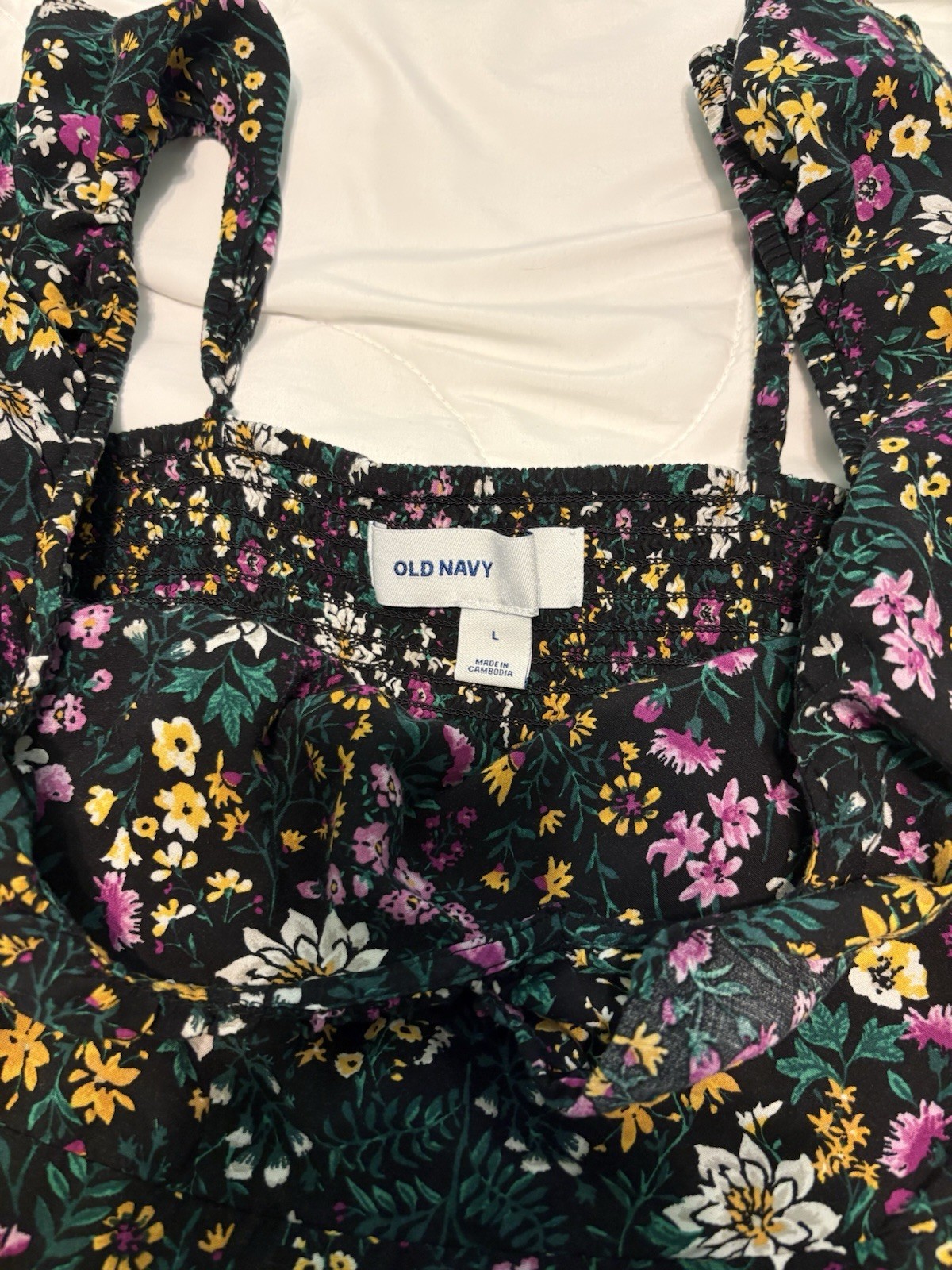 Old Navy Black Multicolor Floral Smocked Ruffle Square Neck Sundress Short L