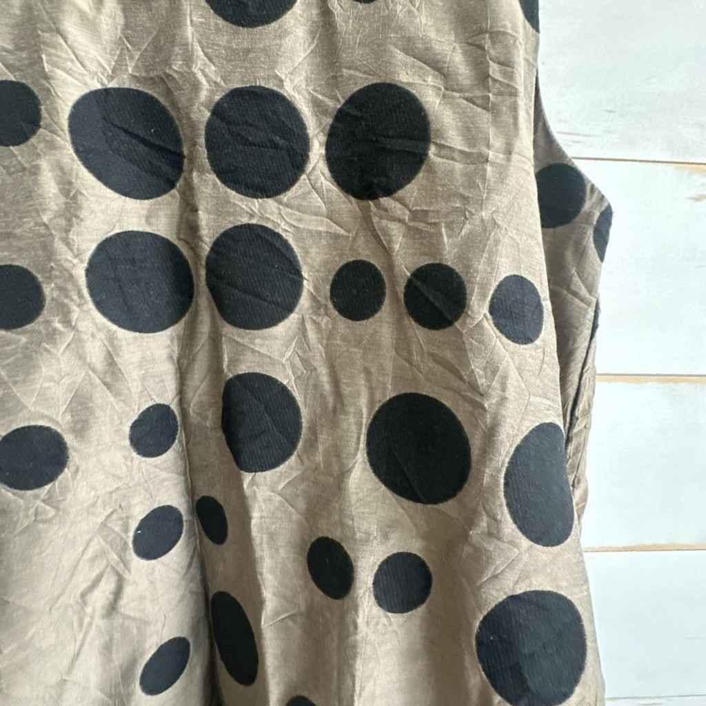 Samuel Dong sleeveless bubble hem midi dress in tan and black polka dot