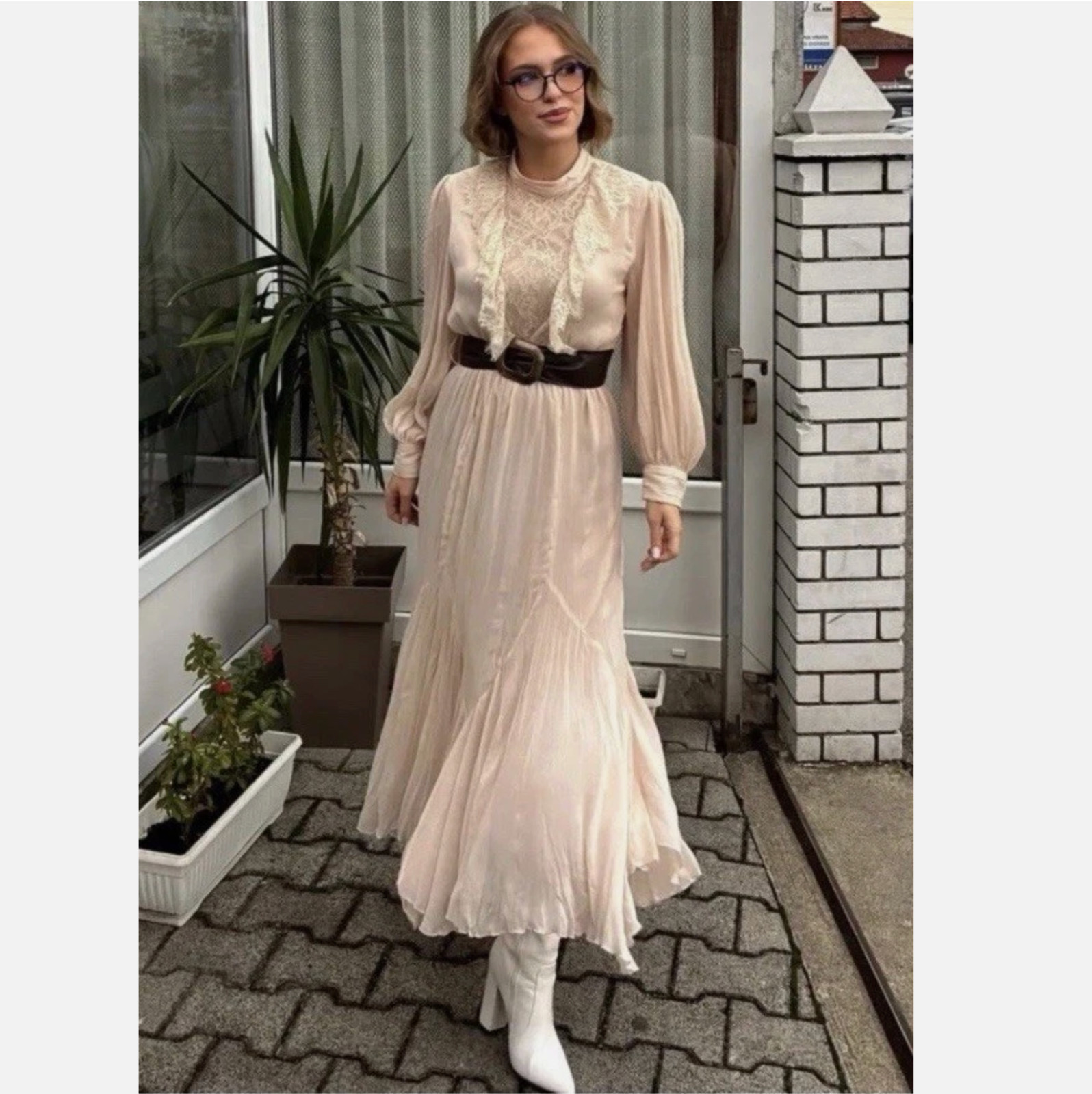 ZARA NEW WOMAN BELTED LACE MIDI DRESS RUFFLE MID ECRU Size M ReF: 5029/198/715