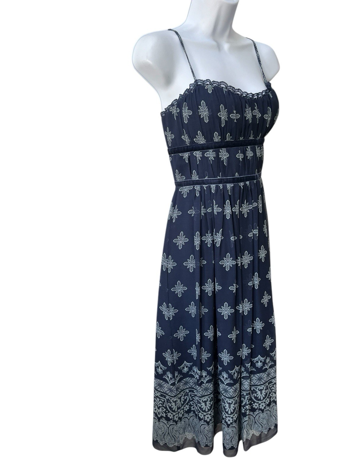 New Max & Cleo Boho Print Silk Dress 10 Sweetheart Neck Blue Sleeveless NWT $138