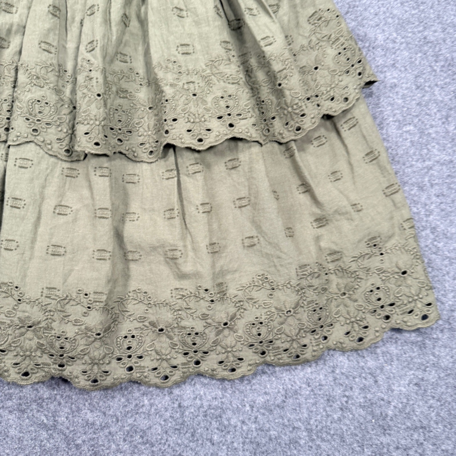 American Eagle Olive Green Eyelet Tiered Mini Dress Smocked Waist XS Boho Dobby