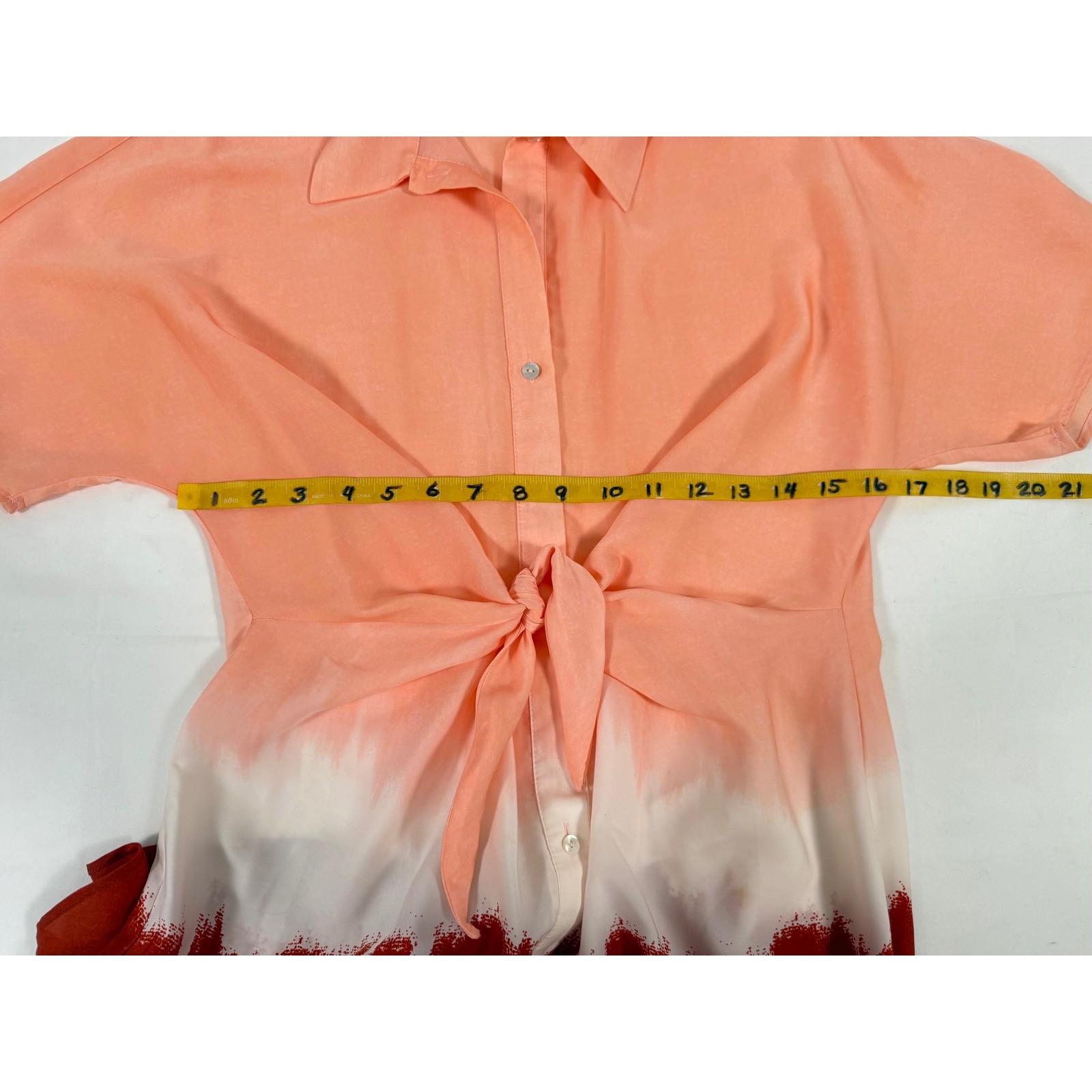 Anthropologie Mango Tie-Front Dip-Dye Midi Shirt Dress Peach Orange Rust Ombre
