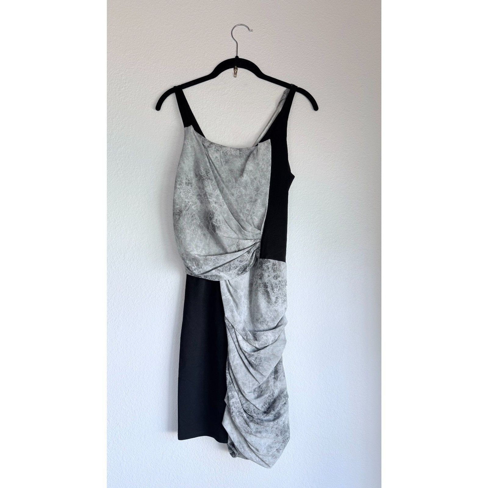 NWOT Helmut Lang Silk Draped Colorblock Graphite Grey & Black Mini Dress Size 2