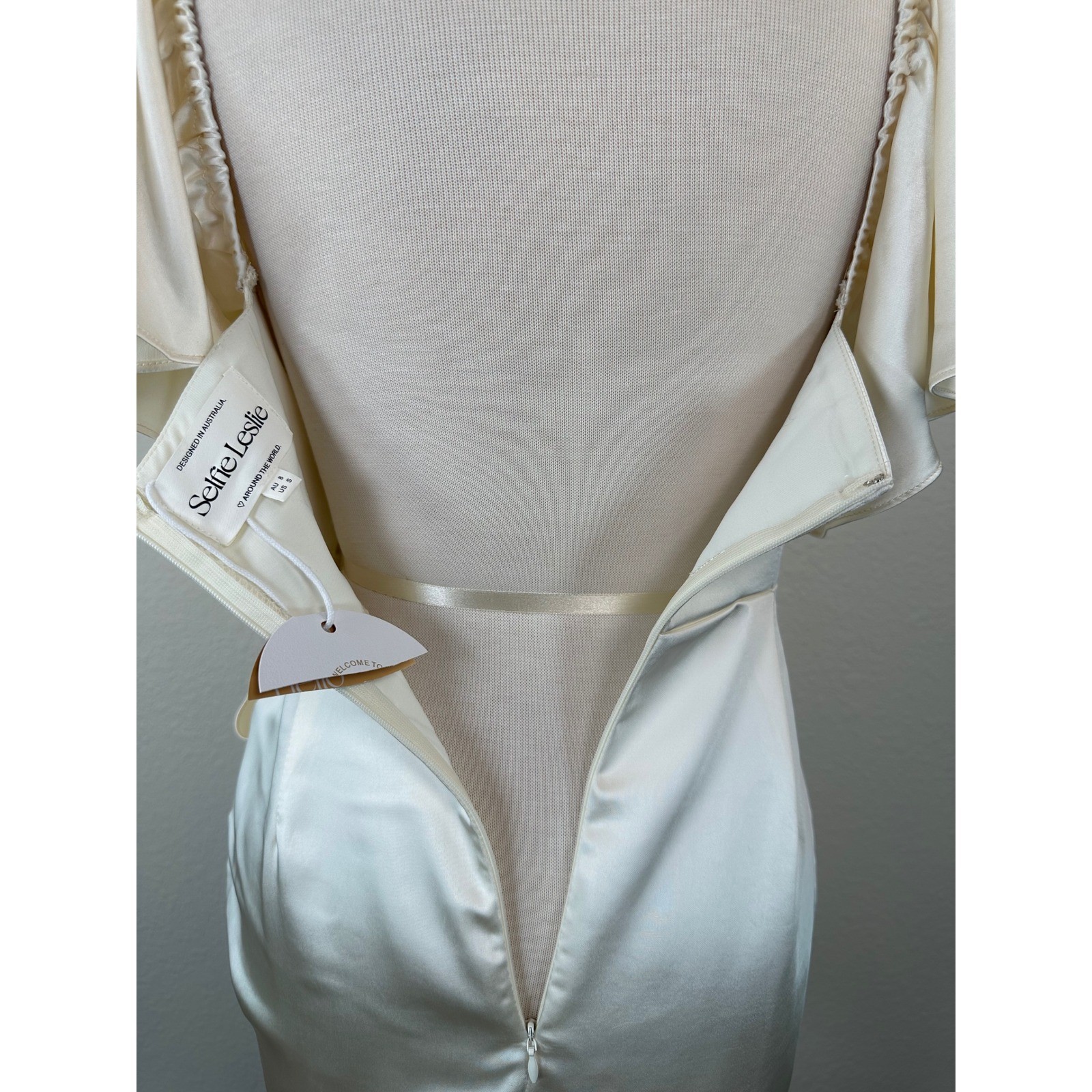 Selfie Leslie Aphrodite Satin Wrap Dress S Angel Sleeve Ivory NWT