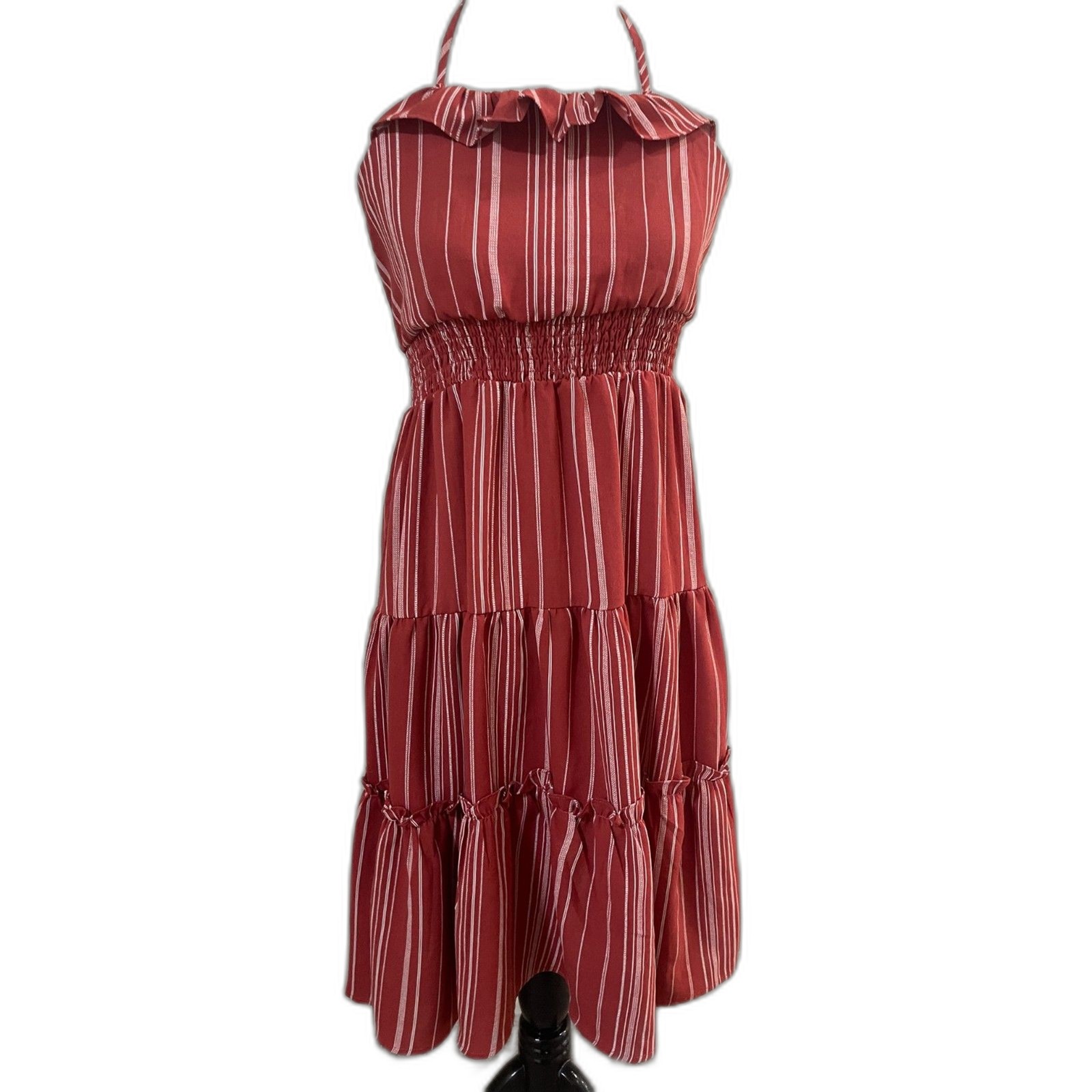 ONE CLOTHING Halter Backless Summer Dress Red & White Striped Gathered Waist S