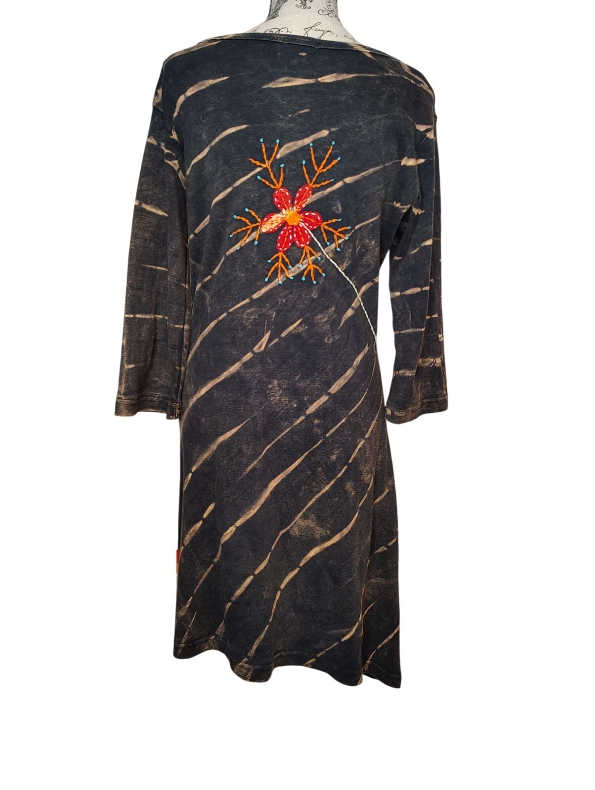 Rising International Small Tunic Dress Tye Die Flower Embroidery Lagenlook Artsy