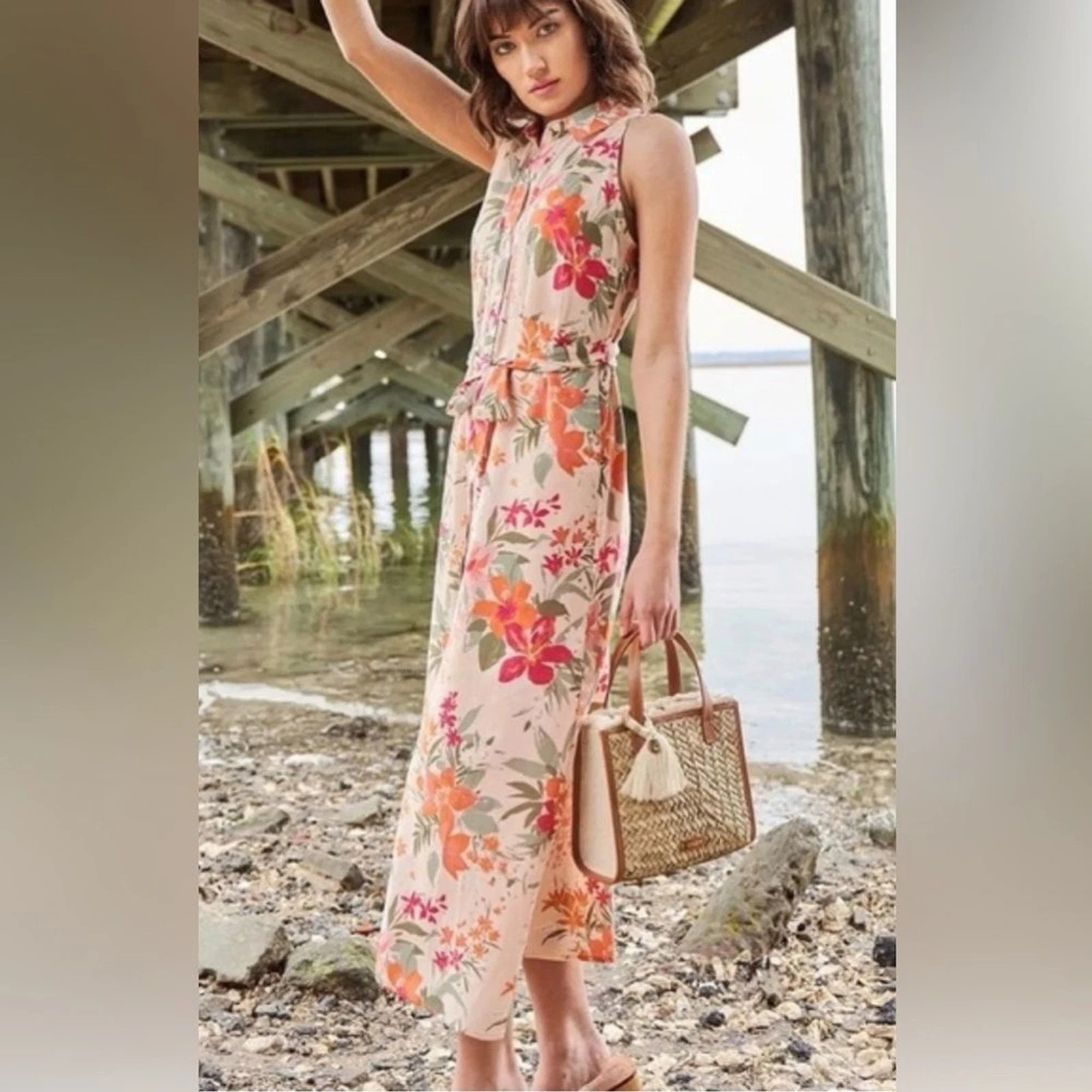 Spartina 449 Emeline Dress in Aljoy Landing Tropical Floral Pink & Green Print L