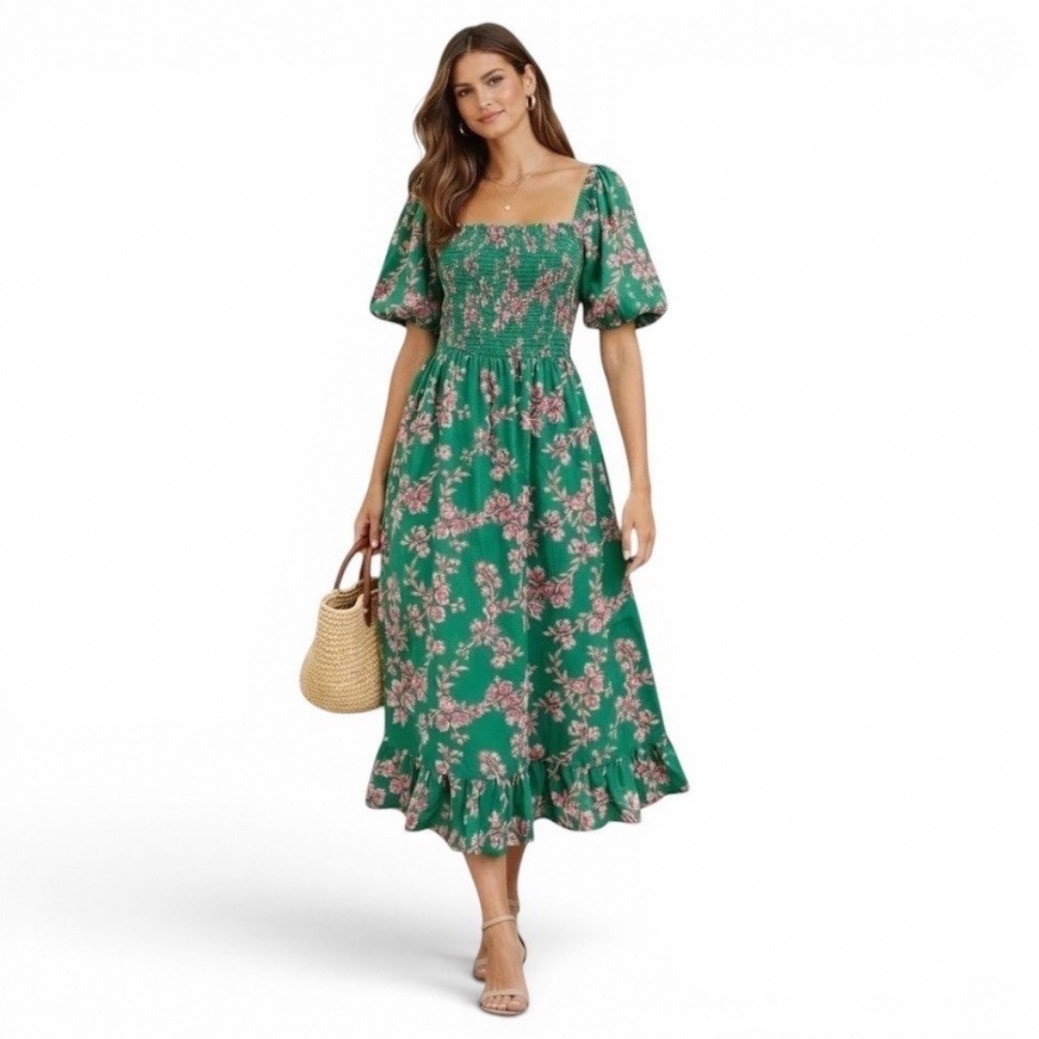 J Crew Floral Smocked Midi Dress Puff Sleeve Pockets Cotton Green Pink Size XXL