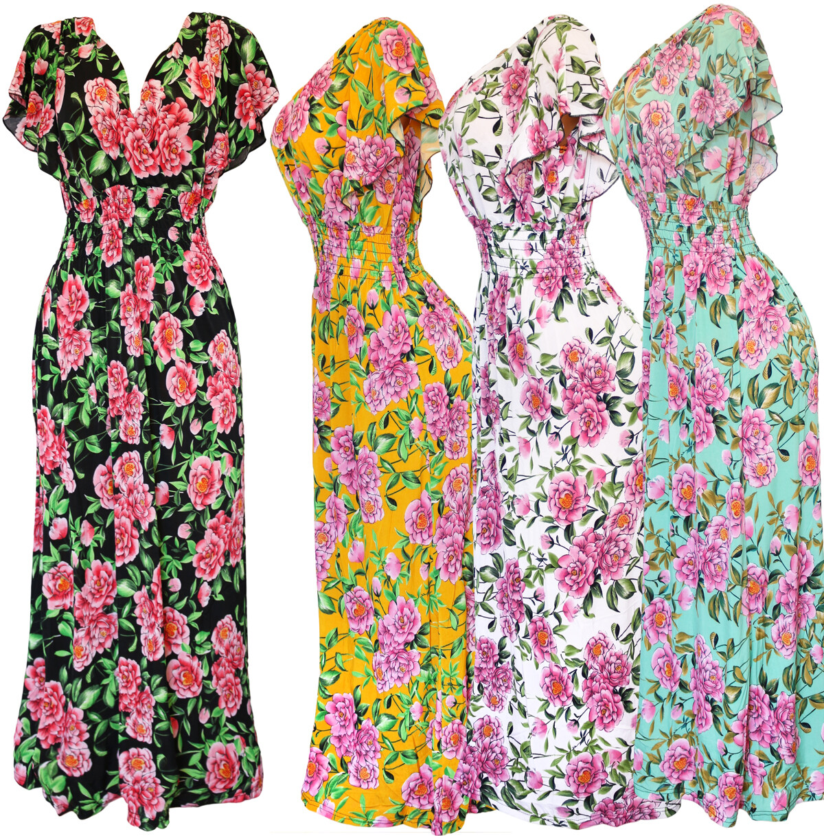 Women’s Butterfly Sleeve Pink Flowers Smocked Summer Sundress Long Dress