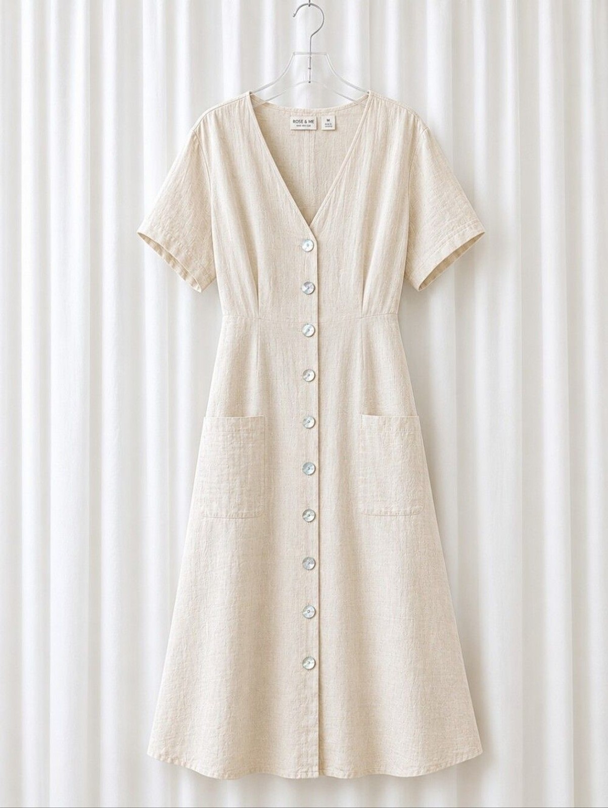 Rachel Zoe Light Coral Beige Linen Button Front Belted Coastal Chic Midi Dress