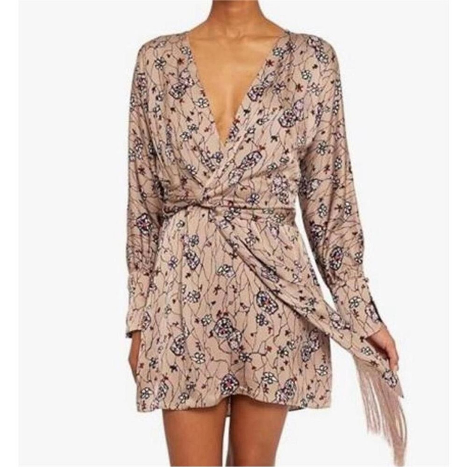 JOIE RONNIE SATIN Print Long Sleeve Mini Floral Cocktail Party Dress