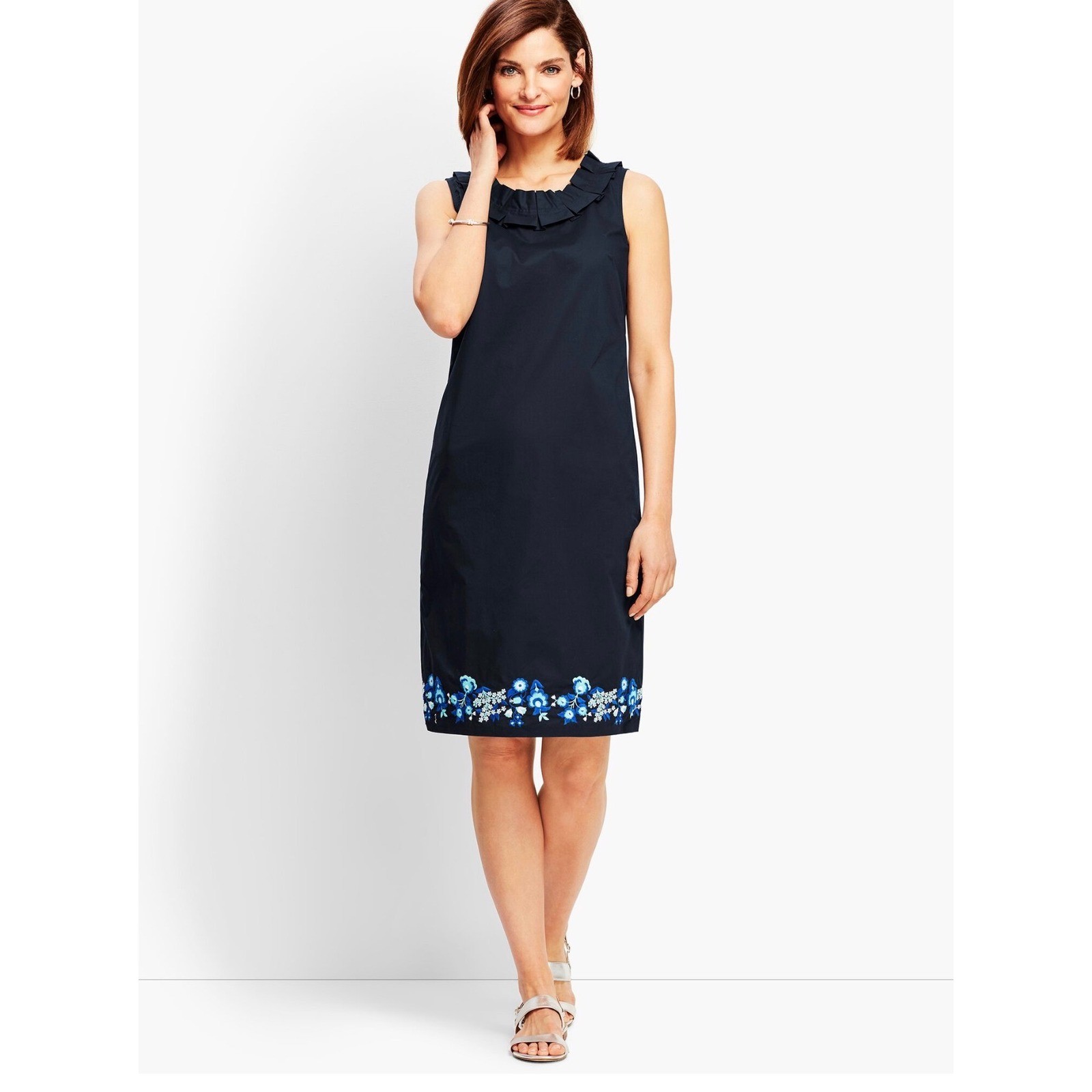 Talbots Embroidered Pleat Neck Shift Dress Size 14P Petites Navy Preppy Classic