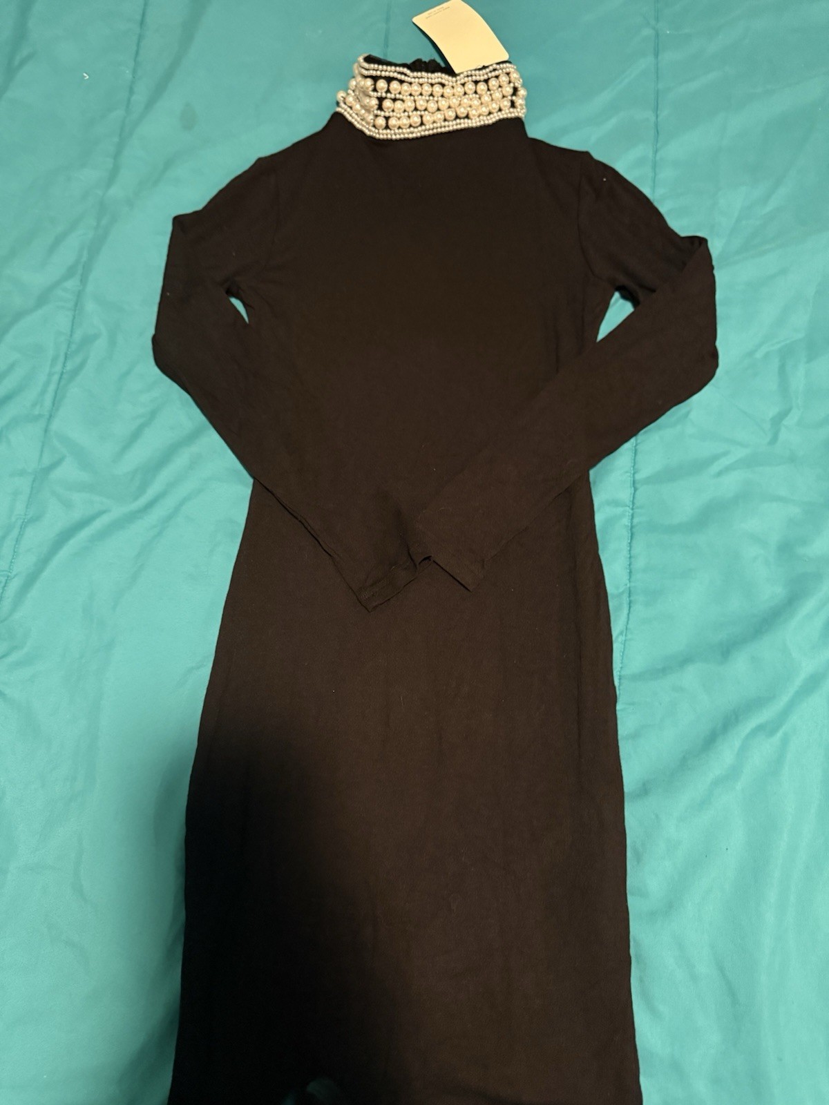 JUSHYL Black Solid Beaded Long Sleeve Long Dress Zip Closure Size S Women