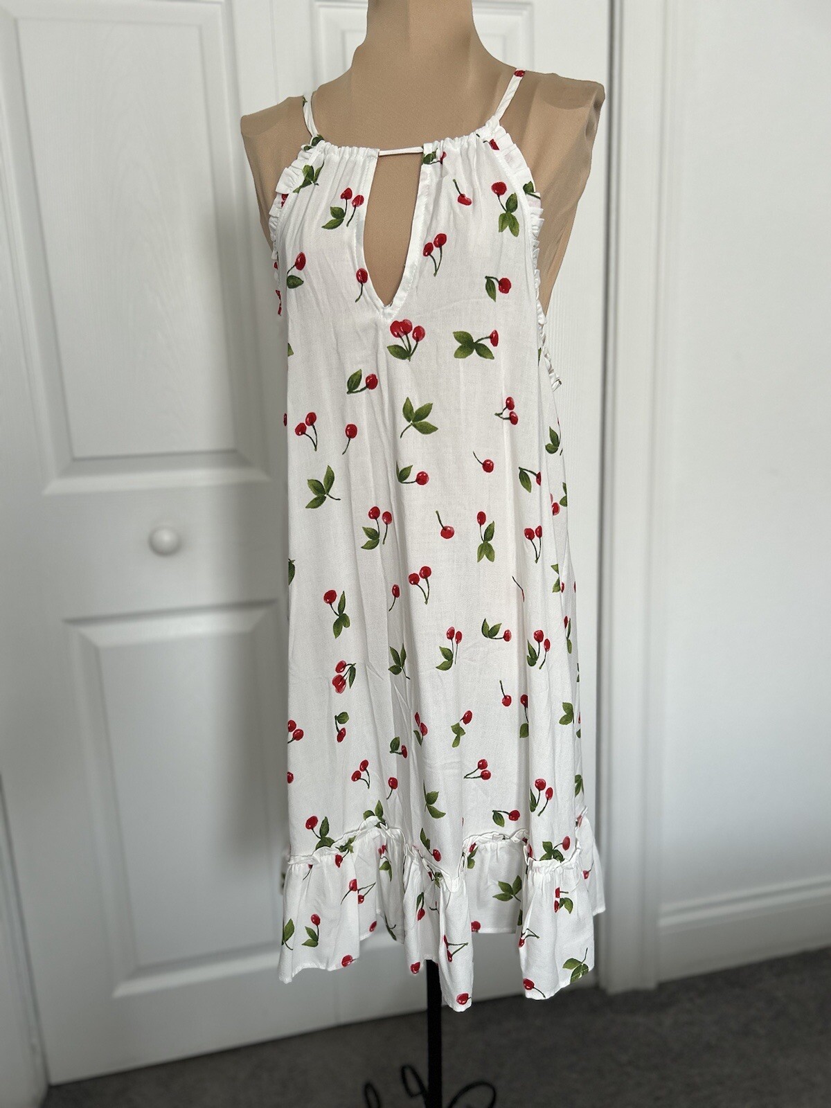 Aqua Womens White Cherries Printed Mini Tiered Halter Dress Size Various