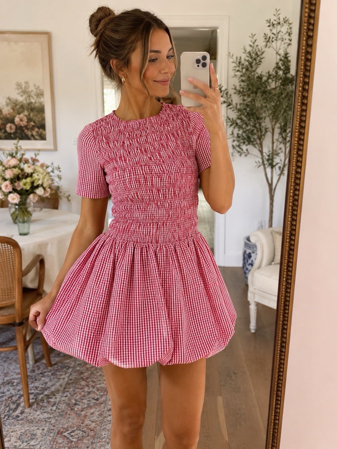 AMYLYNN Red/White Gingham Smocked Mini Dress, Short Sleeve Round Neck US 6