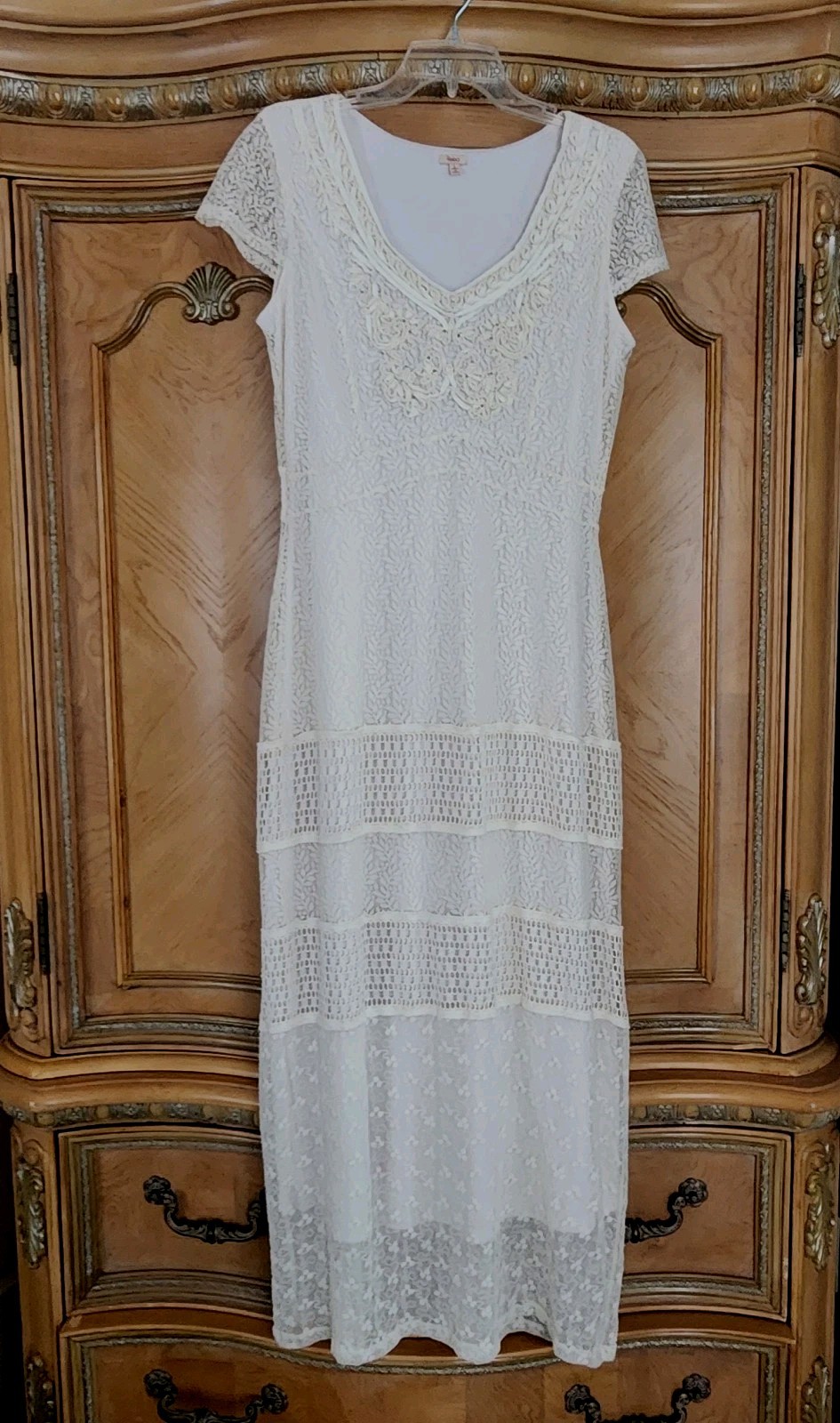 Vintage Womens Reba Maxi Lace Dress Large Smocked Boho Off White