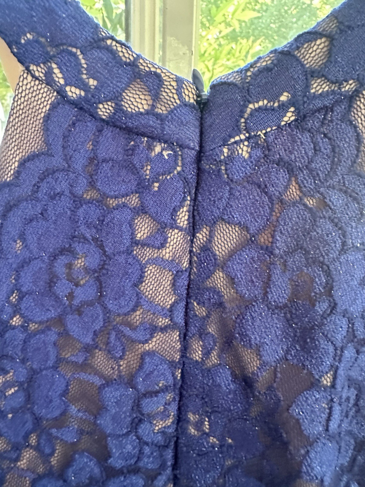 Morgan & Co. Blue Floral Lace Halter Sleeveless Long Gown Zip Sheer S/6