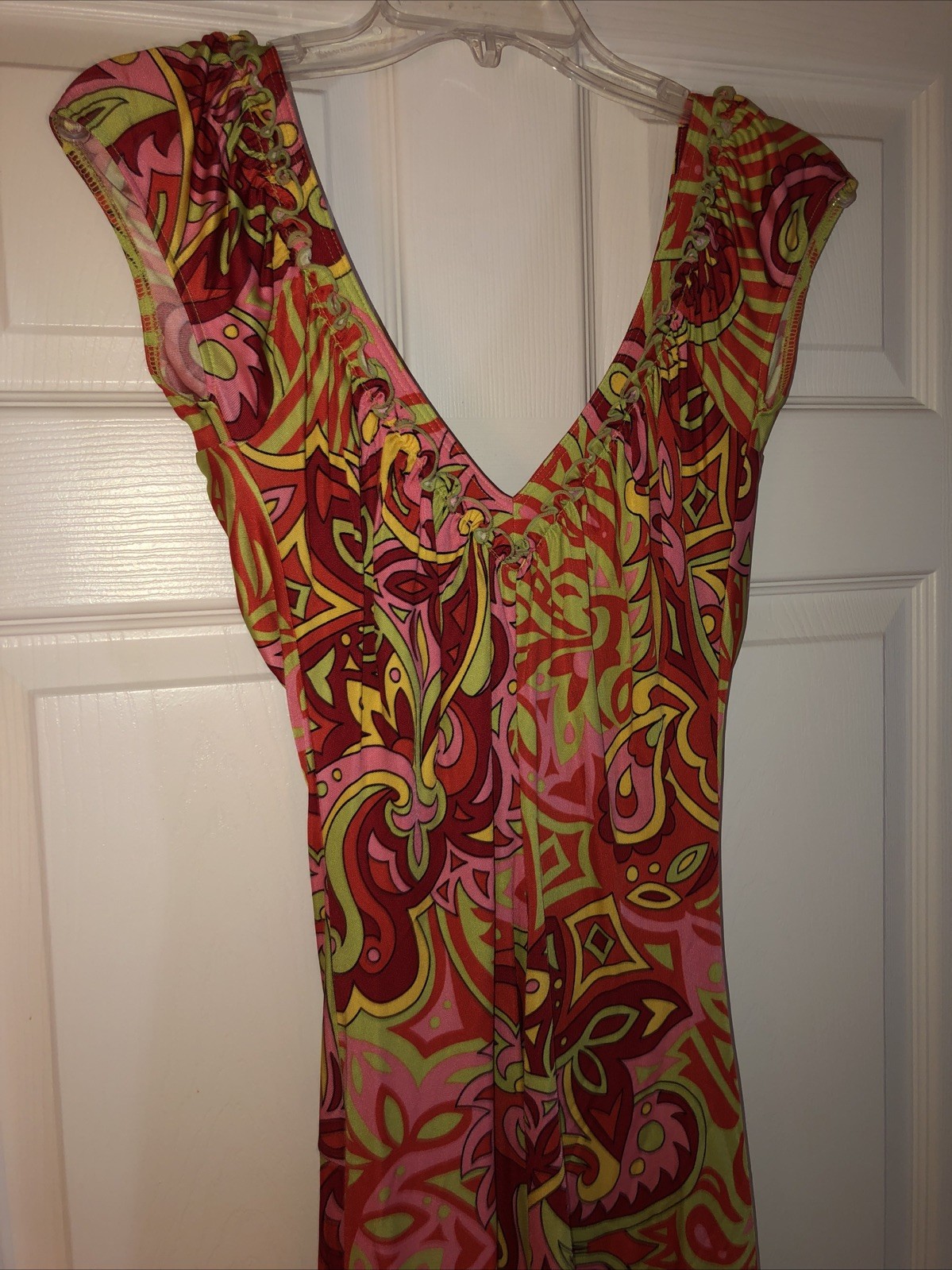 NWOT Moda International Psychedelic Multicolor Silky Jersey Lace Up Dress Sz XS