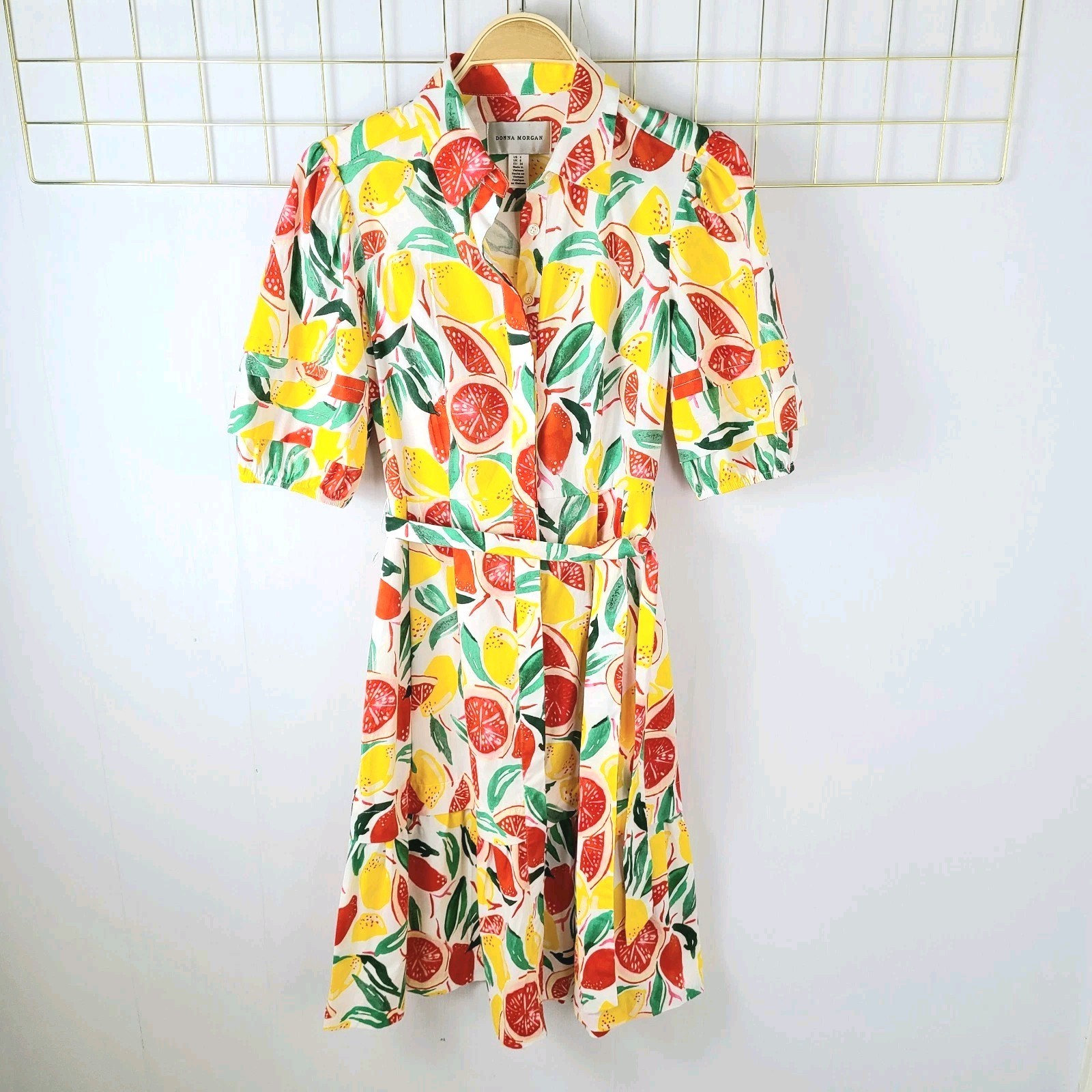 Donna Morgan Womens Dress 4 Citrus Fruit Novelty Puff Sleeve Belt Cotton Novelty