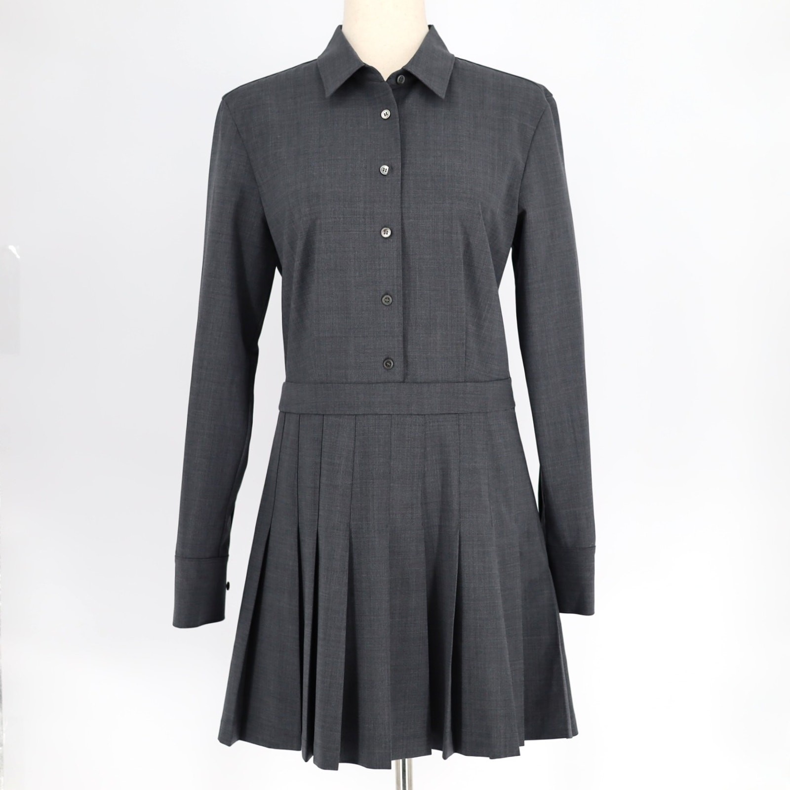 Theory Women Charcoal Wool Blend Classic Pleated Mini Shirt Dress Size US 8
