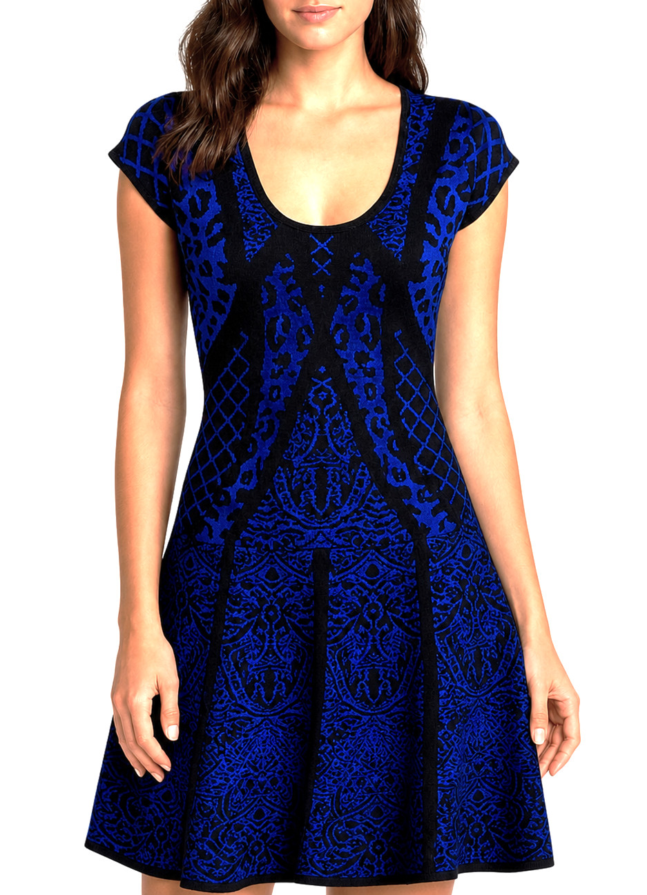 Nicole Miller Y2K Cocktail Fit Flare Dress Blue Black Knit Womens M NWT $265
