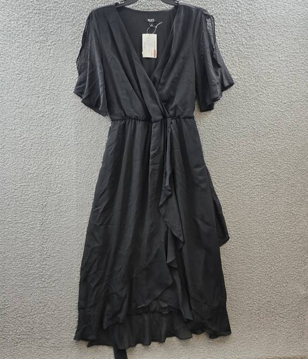 SLNY Ruffled Wrap Dress Women’s 16 Black Solid Surplice Neck Belted Pullover