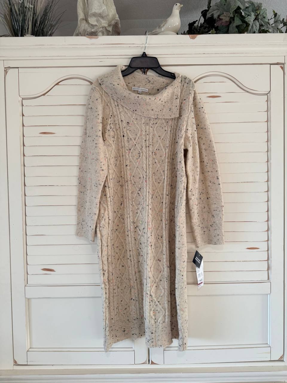 Sandra Darren Beige Speckled Cable Knit Sweater Dress Size L NWT Cozy Chic