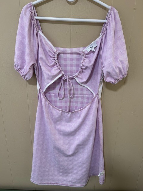 GILLI Women’s L Pink Lilac Gingham Puff Sleeve Open Back Mini Dress Cottagecore