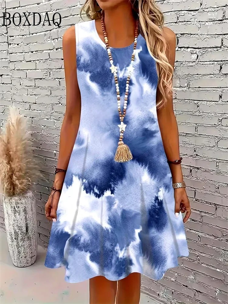 Elegant Fashion Abstract Striped Dresses For Women 2026 Summer Vest Loose Sleeve