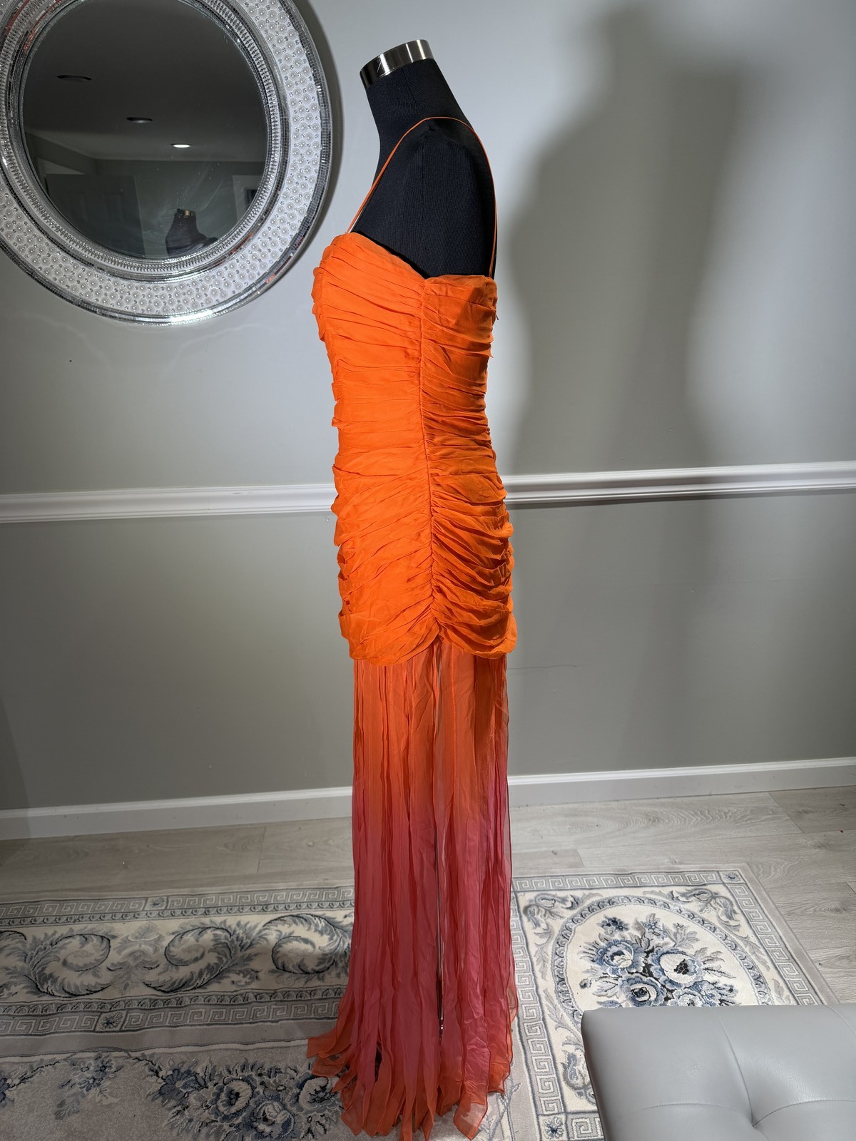 Jolene Division Strapless Orange Red Ombre Ruched Chiffon Fringe Gown Size 12
