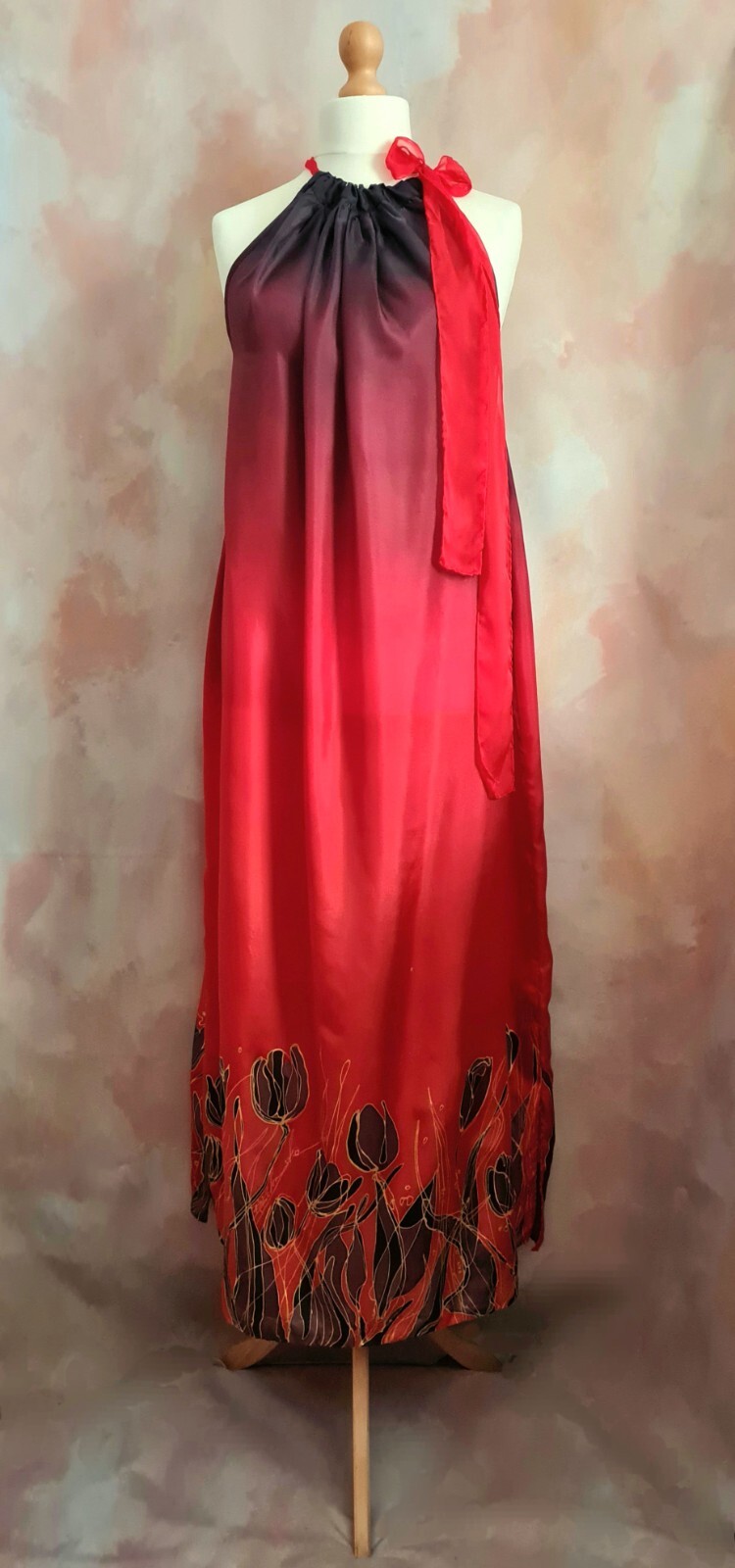 Bespoke Hand Painted Signed Silk Red/Black Tulips Summer Party Dress with Shawl