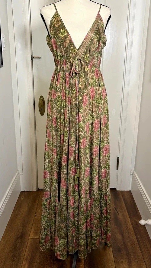 Cienna Floral Maxi Dress Boho Silk Blend Ruffle Back Tassel Tie Women’s OS